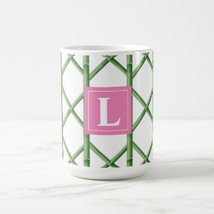 Preppy Groene Trellis Bamboe Patroon Monogram Koffiemok