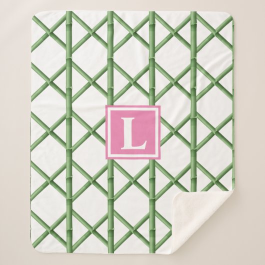 Preppy Groene Trellis Bamboe Patroon Monogram Sherpa Deken (Voorkant)