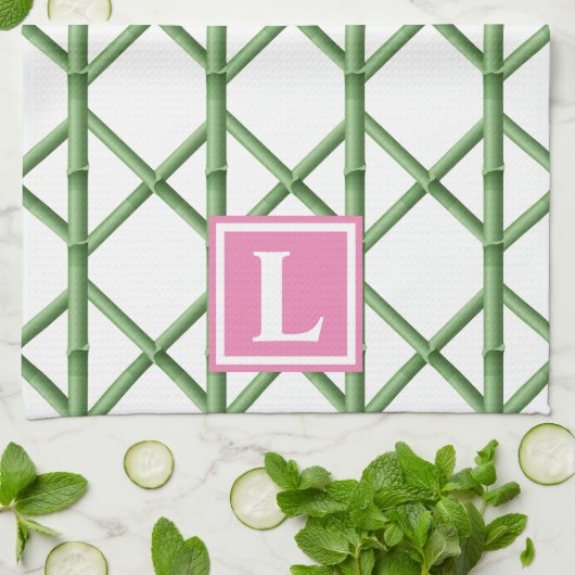 Preppy Groene Trellis Bamboe Patroon Monogram Theedoek (Gevouwen)