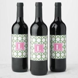 Preppy Groene Trellis Bamboe Patroon Monogram Wijn Etiket