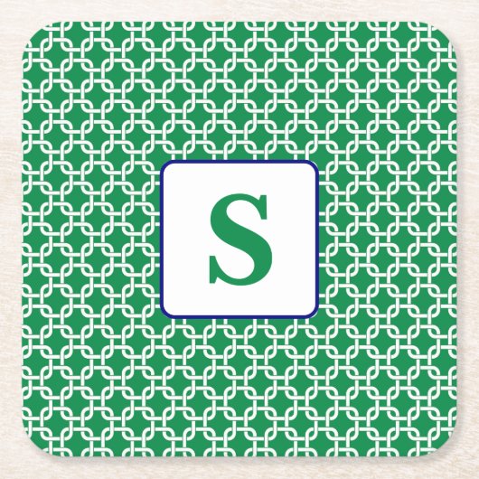 Preppy groene witte link monogram kartonnen onderzetters (Voorkant)