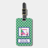 Preppy Groene Witte Link Patroon Roze Golfkar Bagagelabel (Voorkant verticaal)