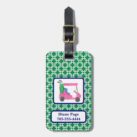Preppy Groene Witte Link Patroon Roze Golfkar Bagagelabel (Voorkant verticaal)