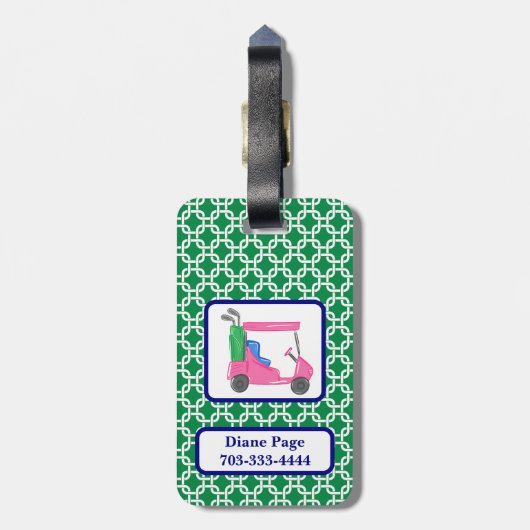 Preppy Groene Witte Link Patroon Roze Golfkar Bagagelabel (Achterkant verticaal)