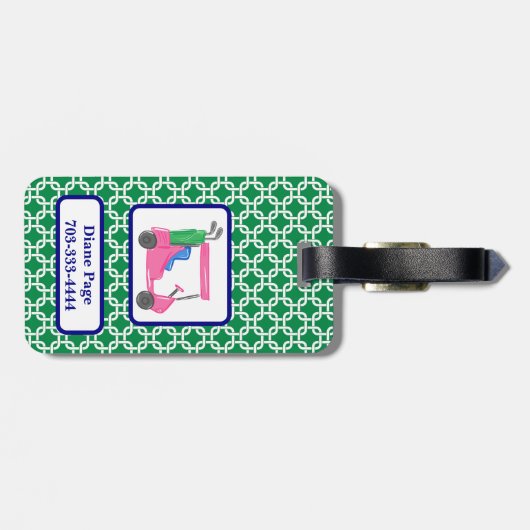 Preppy Groene Witte Link Patroon Roze Golfkar Bagagelabel (Achterkant horizontaal)