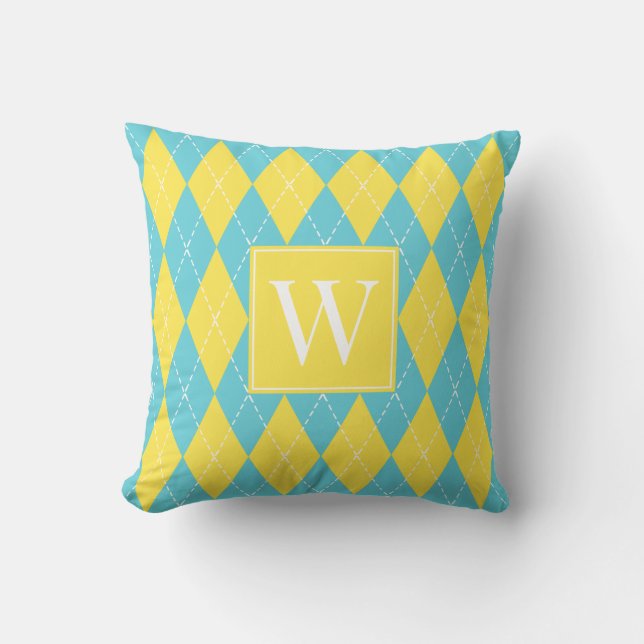 Preppy Hand-Gesteven Argyle – Geel & Turkoois Kussen (Voorkant)