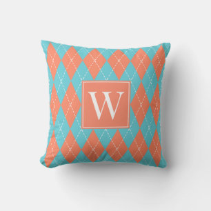 Preppy Hand-Gesteven Argyle – Koraal & Turkoois Kussen