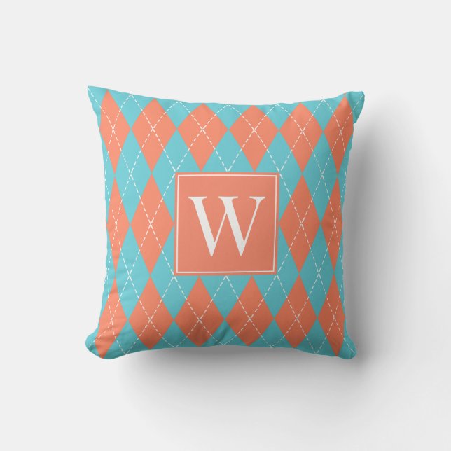 Preppy Hand-Gesteven Argyle – Koraal & Turkoois Kussen (Voorkant)