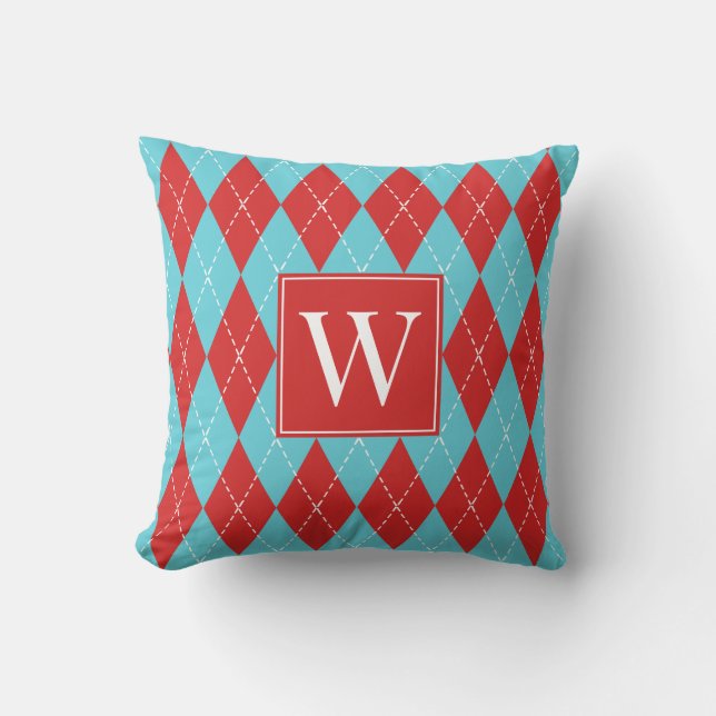 Preppy Hand-Gesteven Argyle – Rood & Turkoois Kussen (Voorkant)
