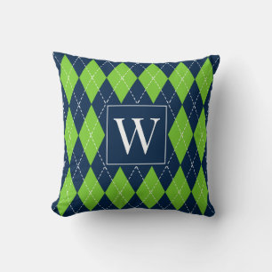 Preppy Hand-Gestikte Argyle – Marineblauw & Limoen Kussen