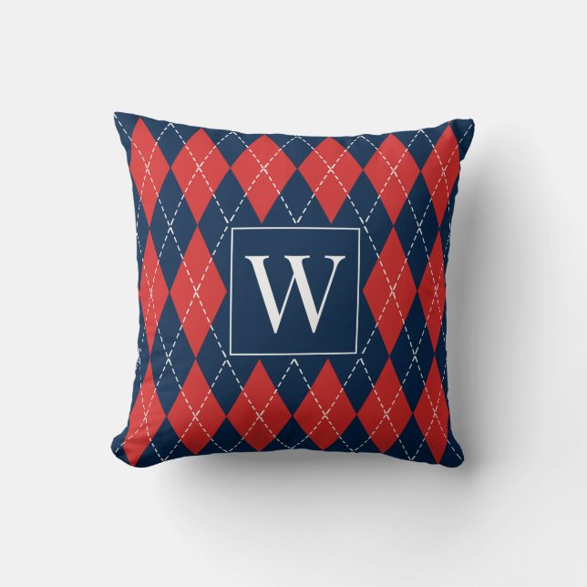 Preppy Hand-Gestikte Argyle – Rood Wit & Marinebla Kussen (Voorkant)