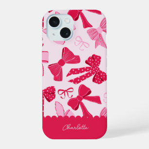Preppy Hand Getekende Coquette Roze Rode Strikken iPhone 15 Case