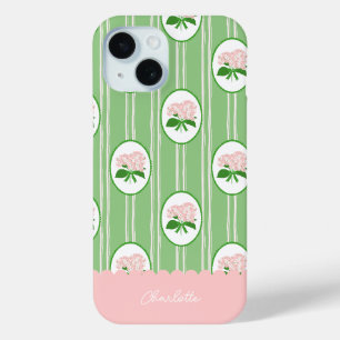 Preppy Hand Getekende Hortensia Roze Groene Frame iPhone 15 Case