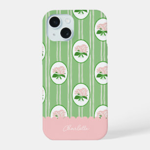Preppy Hand Getekende Hortensia Roze Groene Frame iPhone 15 Case