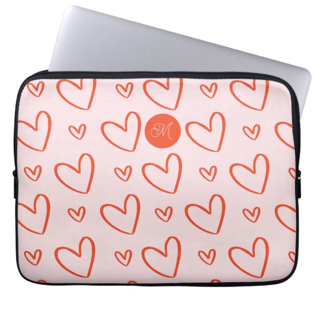 Preppy hearts - monogram roze en rood laptop sleeve (Voorkant)