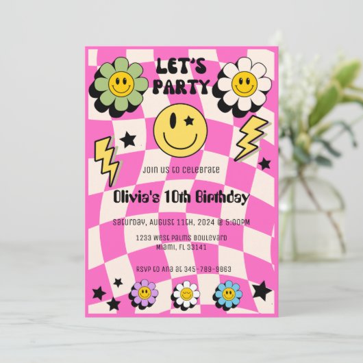 Preppy Heet Roze Retro Gelukkig Gezicht Partij Ver Kaart (Staand voorkant)