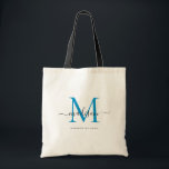 Preppy Helderblauw Zwarte Monogram Stijlvolle Scri Tote Bag<br><div class="desc">Moderne Trendy Elegante Klassieke Helder Oceaanblauw Zwarte Monogram Initiaal Script Naam Tote Tas</div>