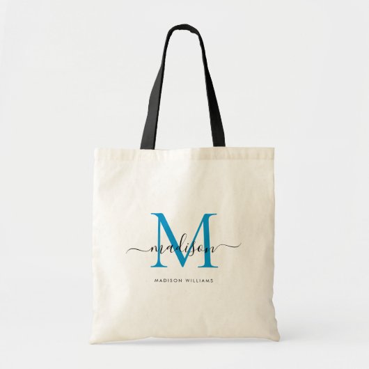 Preppy Helderblauwe Zwarte Monogram Chique Script Tote Bag (Voorkant)