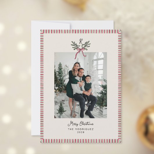 Preppy Holiday Card with Monogram and Family Photo Feestdagenkaart