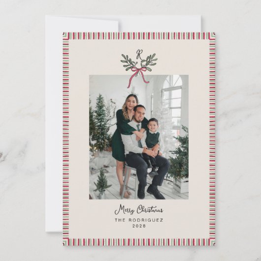 Preppy Holiday Card with Monogram and Family Photo Feestdagenkaart (Voorkant)