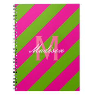 Preppy Hot Pink & Lime Green Striped Monogram Notitieboek