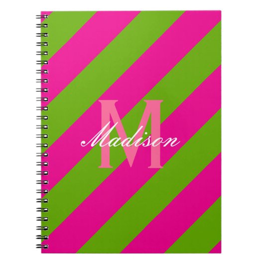 Preppy Hot Pink & Lime Green Striped Monogram Notitieboek (Voorkant)