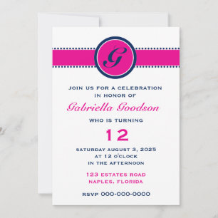 Preppy Hot Pink & Navy Blue Monogram Kaart