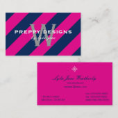 Preppy Hot Pink & Navy Blue Monogram Surprise Visitekaartje (Voorkant / Achterkant)