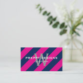 Preppy Hot Pink & Navy Blue Monogram Surprise Visitekaartje (Staand voorkant)