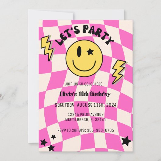 Preppy Hot Pink Y2K Smile Uitnodiging voor verjaar (Voorkant)