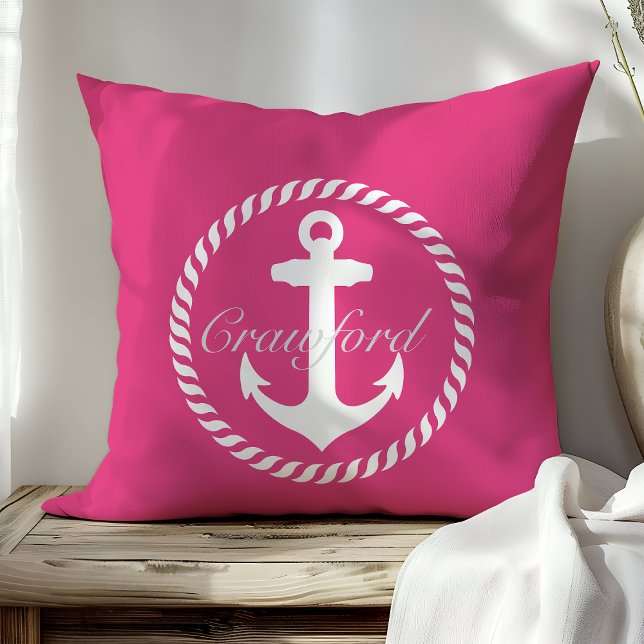 Preppy Hot Roze & Witte Nautilus Anker Monogram Kussen (Creator heeft geüpload)