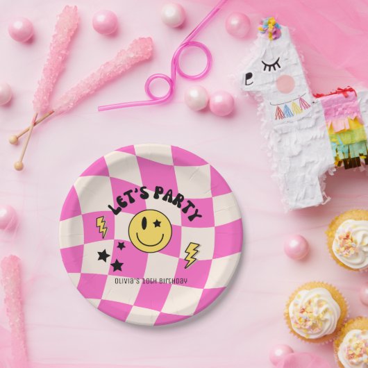 Preppy Hot Roze Y2K Retro Verjaardagspapier Bord (Feest)