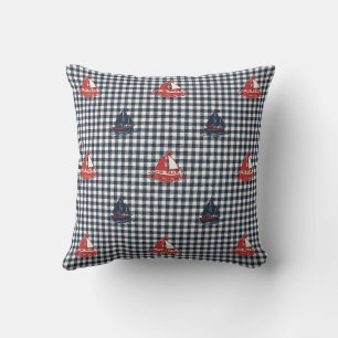Preppy Jongens Zeilboot & Gingham Schuur Rood & Ma Kussen