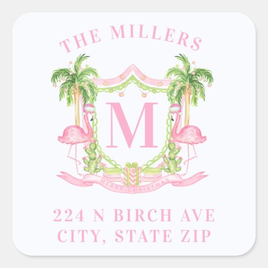 Preppy Kerst Flamingo Wapen Monogram Vierkante Sticker (Voorkant)
