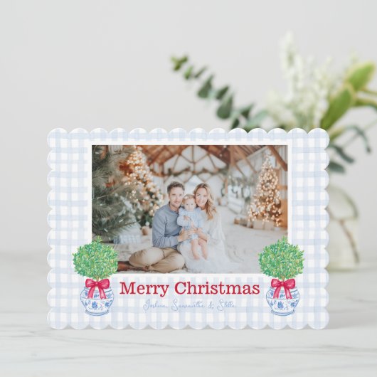 Preppy Kerst Topiary Chinoiserie Pot Bow Feestdagenkaart (Staand voorkant)