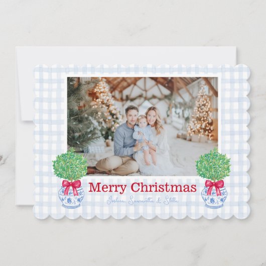 Preppy Kerst Topiary Chinoiserie Pot Bow Feestdagenkaart (Voorkant)