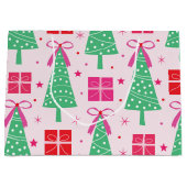 Preppy kerstbomen met roze strikken en geschenkdoo groot cadeauzakje (Voorkant)