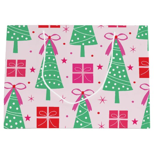 Preppy kerstbomen met roze strikken en geschenkdoo groot cadeauzakje (Voorkant)