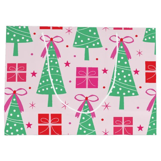 Preppy kerstbomen met roze strikken en geschenkdoo groot cadeauzakje (Achterkant)