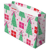 Preppy kerstbomen met roze strikken en geschenkdoo groot cadeauzakje (Achterkant Gekanteld)