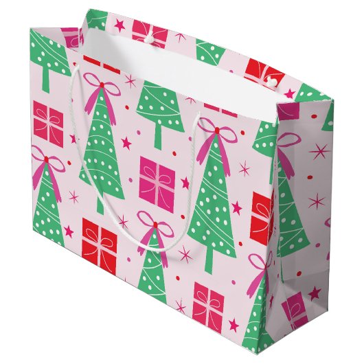 Preppy kerstbomen met roze strikken en geschenkdoo groot cadeauzakje (Achterkant Gekanteld)