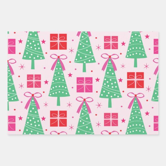 Preppy kerstbomen met roze strikken en geschenkdoo inpakpapier vel (Voorkant)