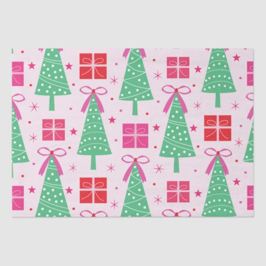 Preppy kerstbomen met roze strikken en geschenkdoo tissuepapier (Voorkant)