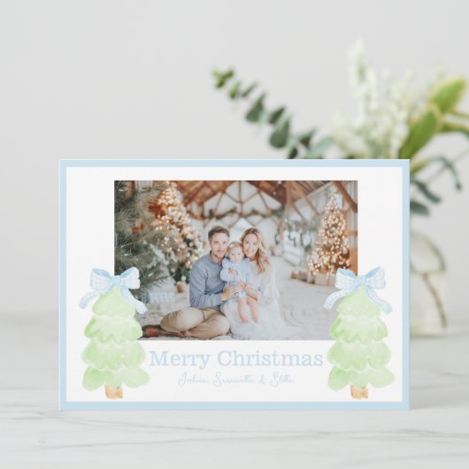 Preppy kerstboom met boog feestdagenkaart (Staand voorkant)