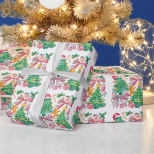 Preppy Kerstboom Strik Roze Blauw Coquette Cadeaupapier