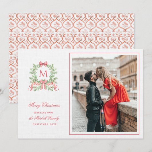 Preppy Kerstmis Luipaard Crest Monogram Kaart (Voorkant / Achterkant)