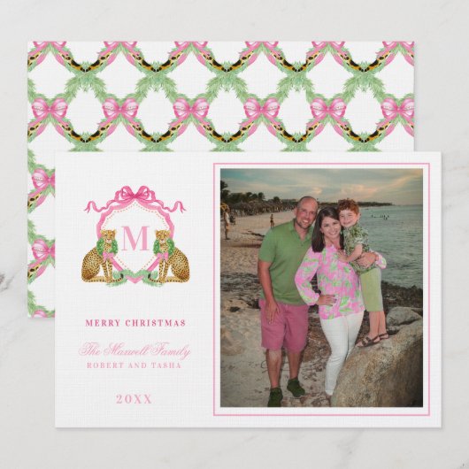 Preppy Kerstmis Luipaard Wapen Monogram  Kaart (Voorkant / Achterkant)