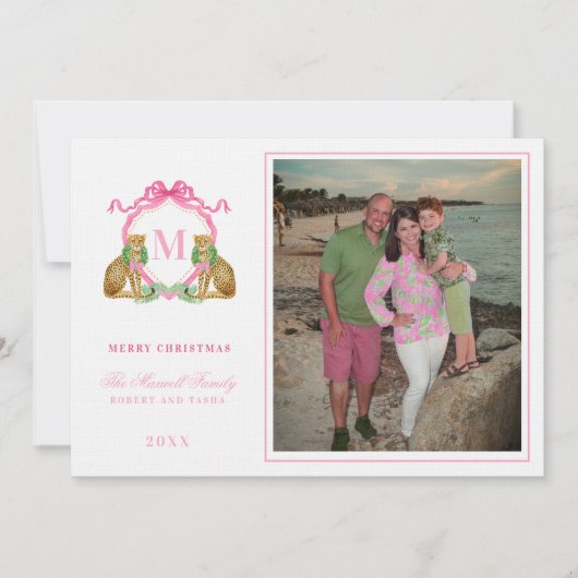 Preppy Kerstmis Luipaard Wapen Monogram  Kaart (Voorkant)
