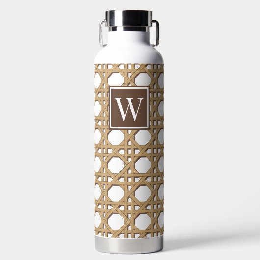 Preppy Khaki Riet Rietwerk Monogram Waterfles (Voorkant)