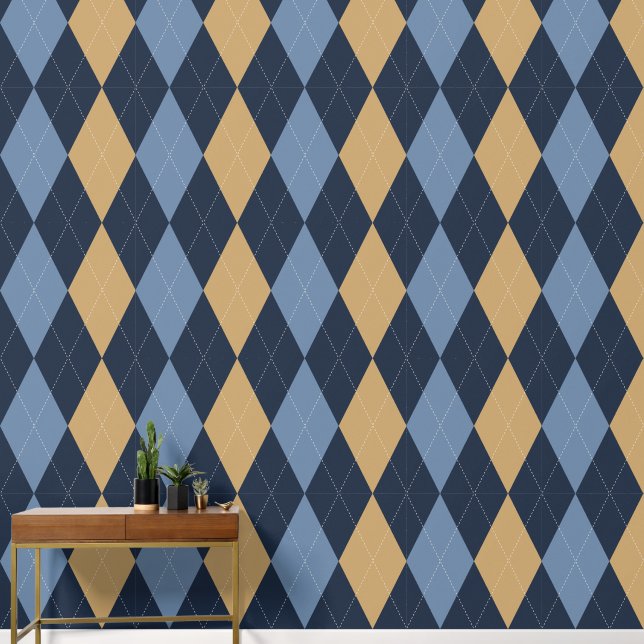 Preppy Klassiek Argyle Marine, Khaki & Rookblauw Behang (Hal)